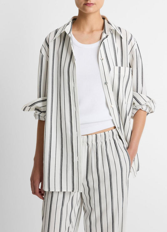 Resort Stripe Oversized Button-Front Shirt in Long Sleeve
