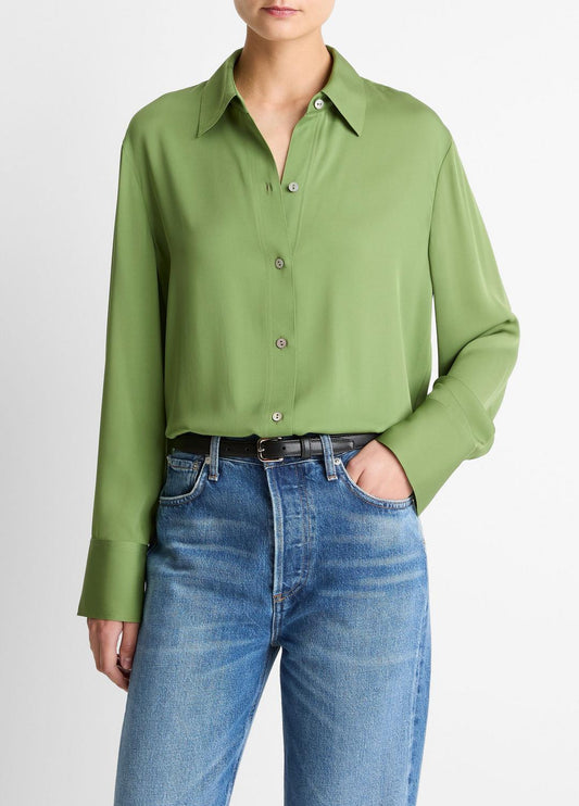 Stretch-Silk Button-Front Blouse in Long Sleeve