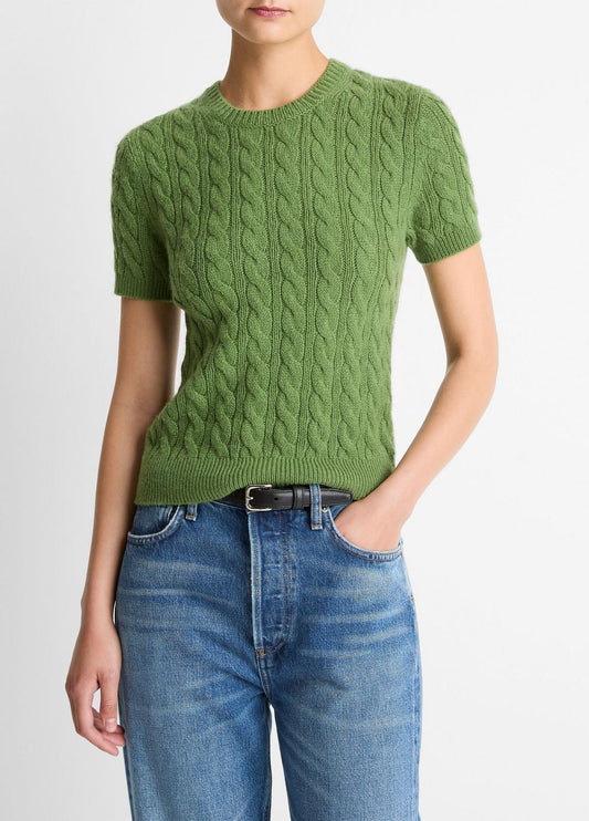 Cable-Knit Wool & Cashmere-Blend Short-Sleeve Sweater in Crew Neck