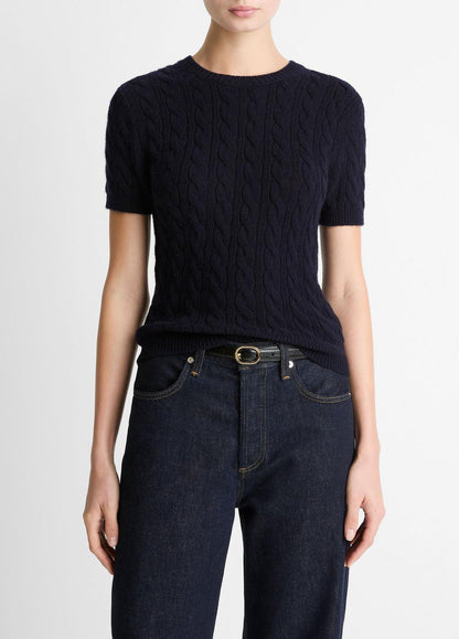 Cable-Knit Wool & Cashmere-Blend Short-Sleeve Sweater in Crew Neck