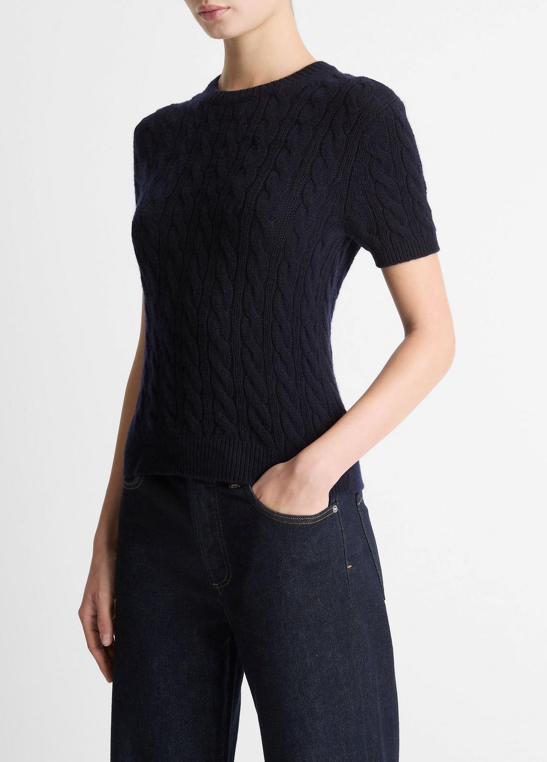 Cable-Knit Wool & Cashmere-Blend Short-Sleeve Sweater in Crew Neck