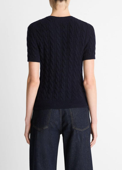 Cable-Knit Wool & Cashmere-Blend Short-Sleeve Sweater in Crew Neck