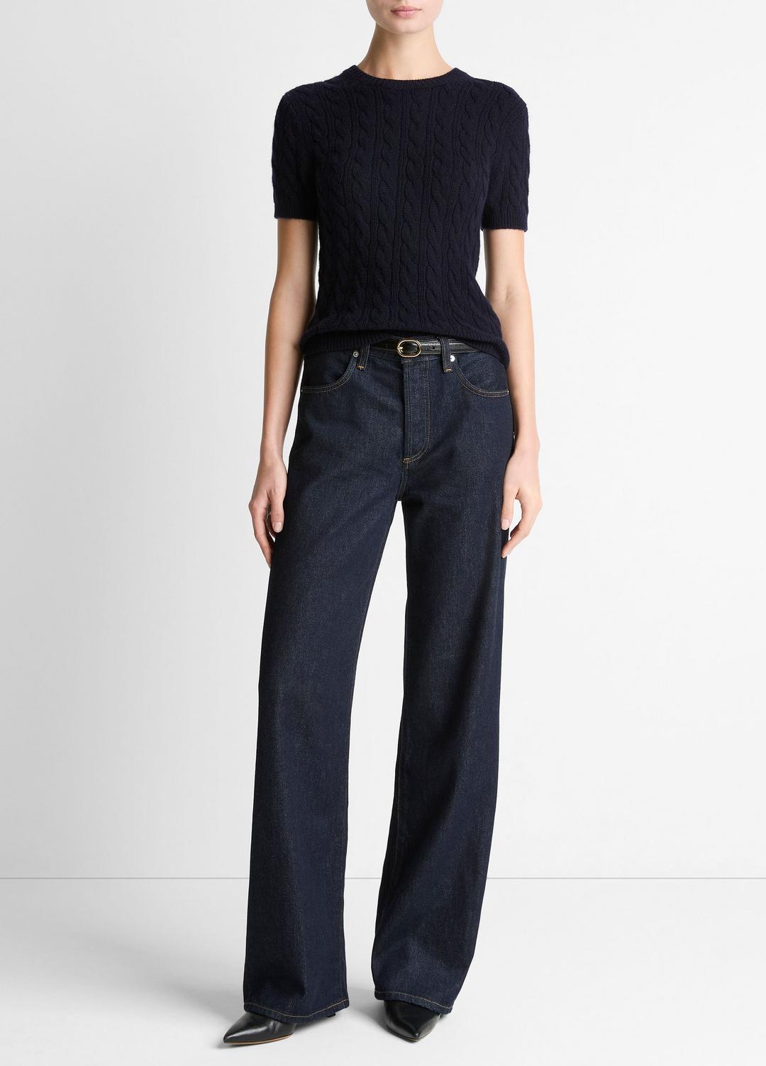 Cable-Knit Wool & Cashmere-Blend Short-Sleeve Sweater in Crew Neck