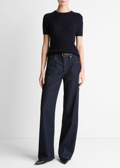 Cable-Knit Wool & Cashmere-Blend Short-Sleeve Sweater in Crew Neck