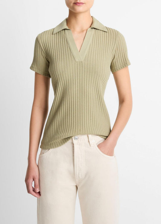 Ribbed Cotton-Blend Polo Shirt in Short Sleeve