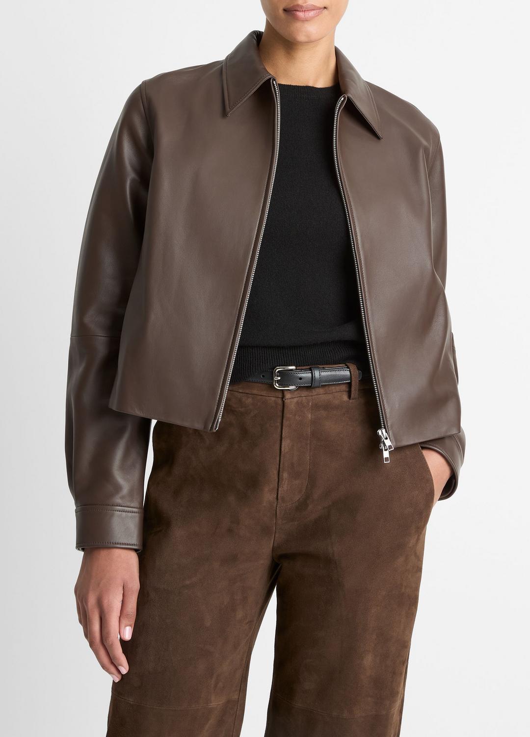 Leather Cropped Zip-Front Jacket in Leather Jackets