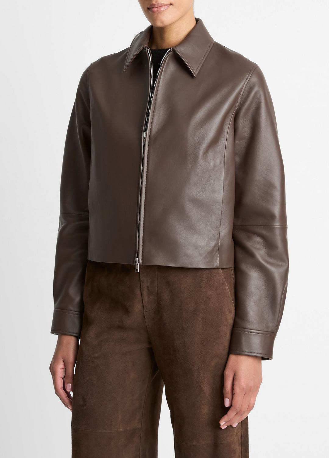 Leather Cropped Zip-Front Jacket in Leather Jackets