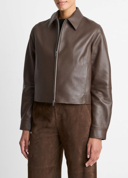 Leather Cropped Zip-Front Jacket in Leather Jackets