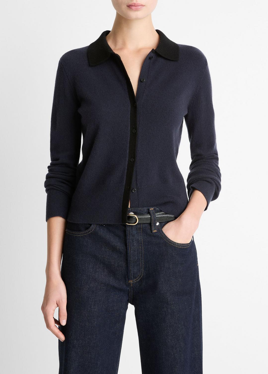 Contrast-Trim Wool & Cashmere-Blend Collared Cardigan in Cardigans