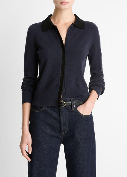 Contrast-Trim Wool & Cashmere-Blend Collared Cardigan in Cardigans