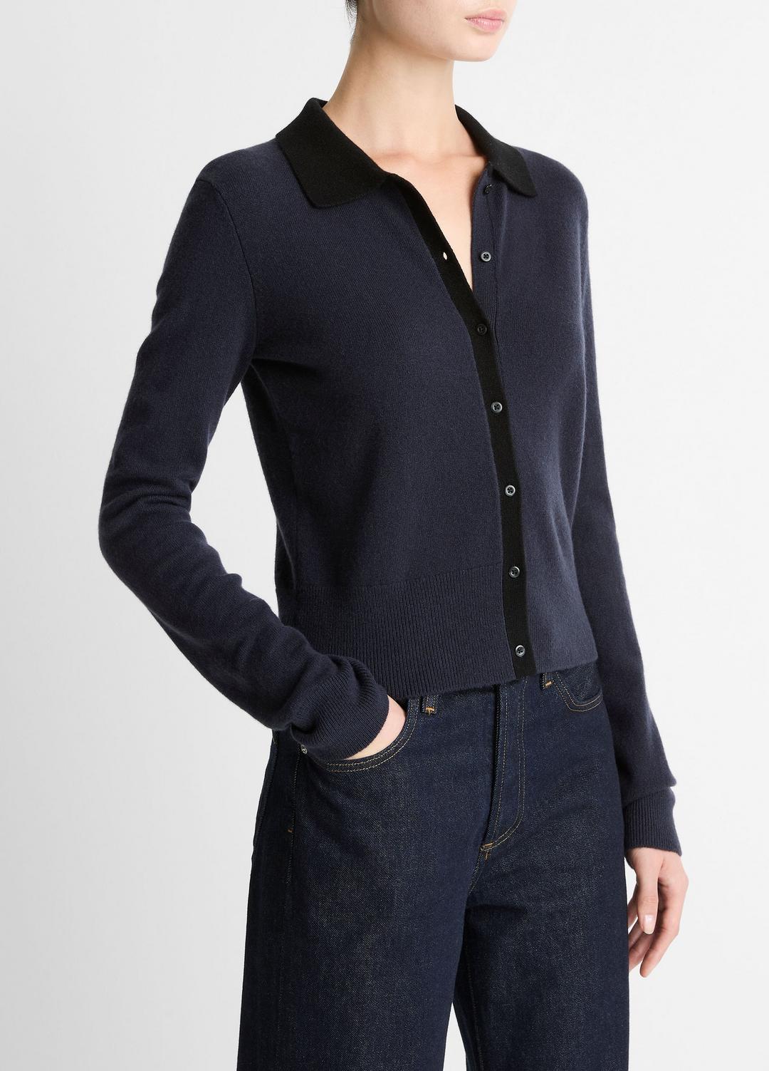 Contrast-Trim Wool & Cashmere-Blend Collared Cardigan in Cardigans