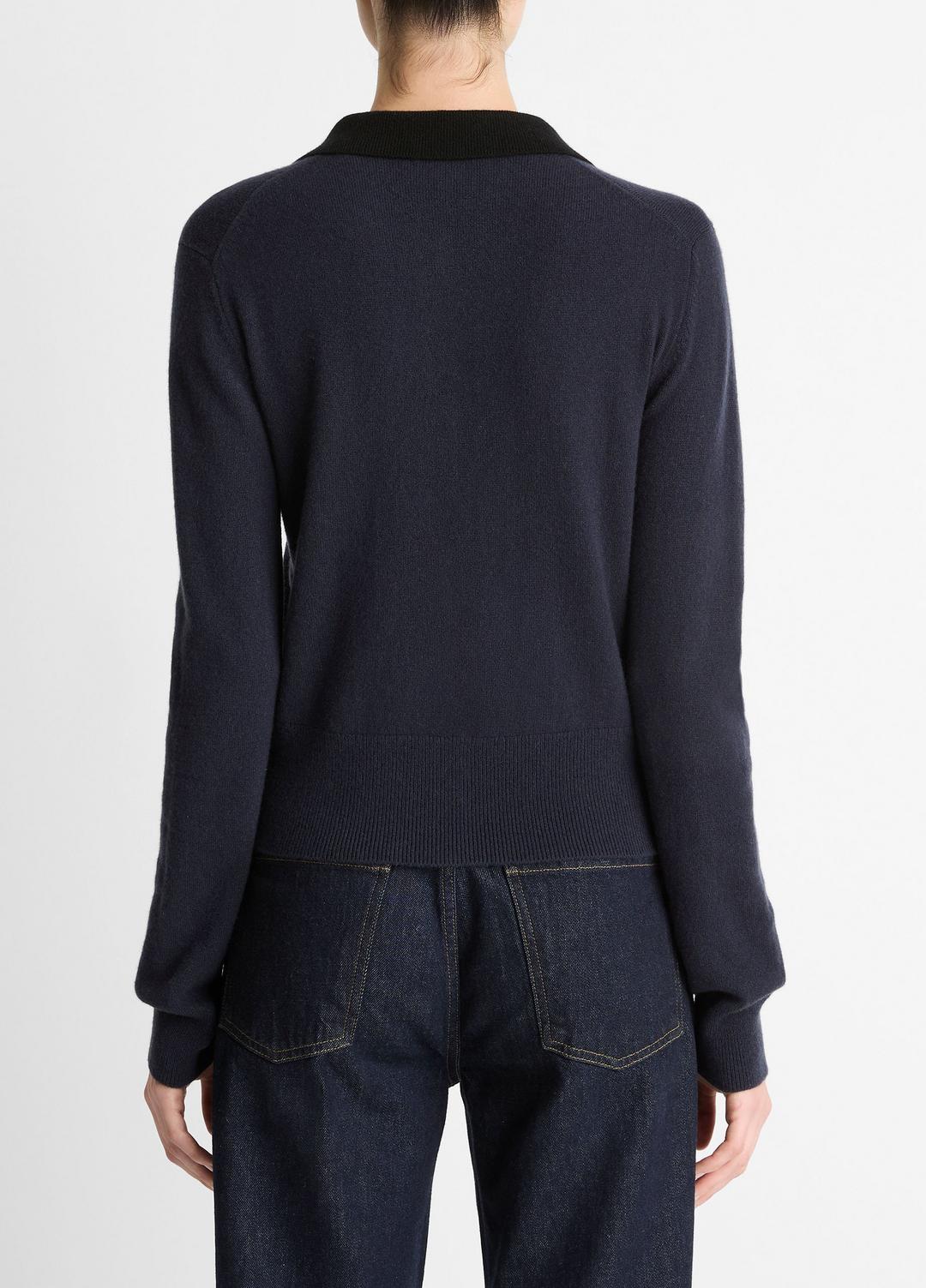 Contrast-Trim Wool & Cashmere-Blend Collared Cardigan in Cardigans