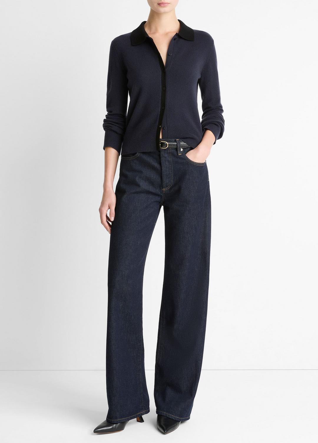 Contrast-Trim Wool & Cashmere-Blend Collared Cardigan in Cardigans