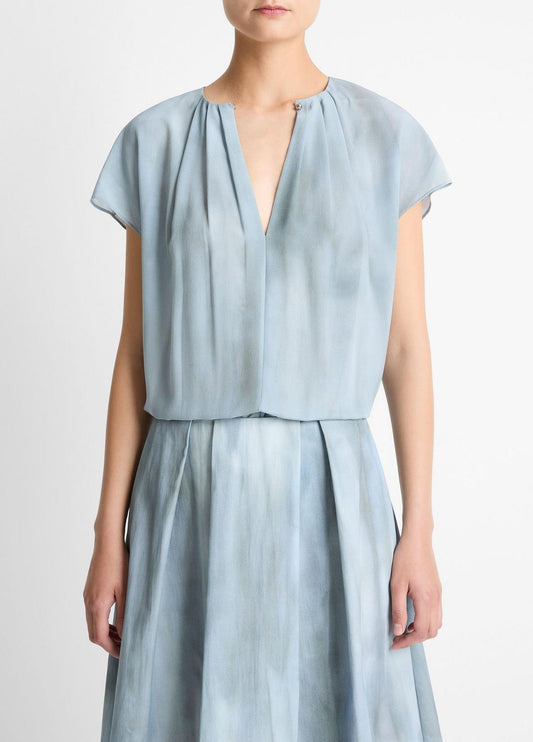 Washed Ombré Silk Gathered Cap-Sleeve Blouse in Short Sleeve