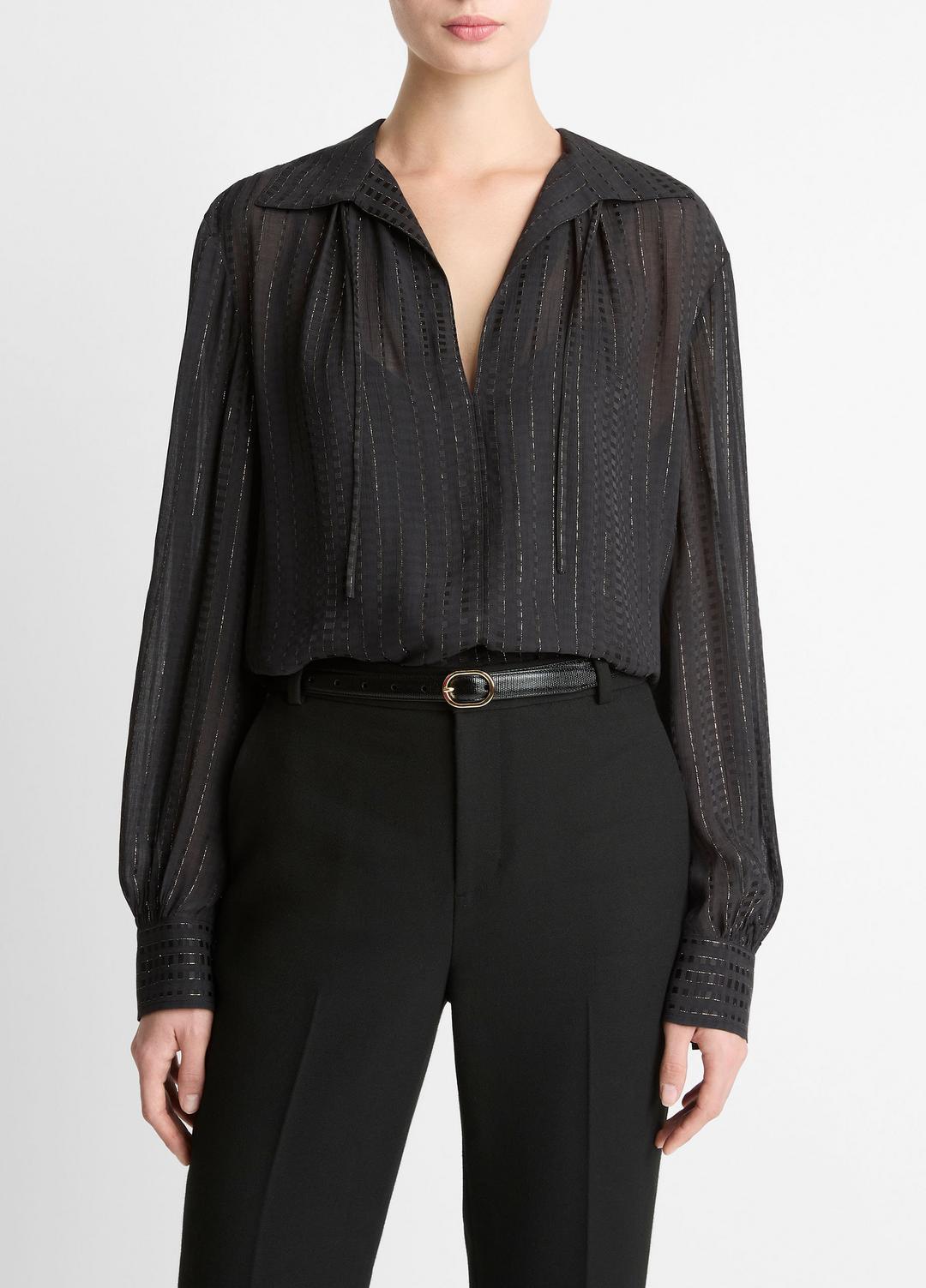 Metallic-Stripe Gathered Blouse in Long Sleeve