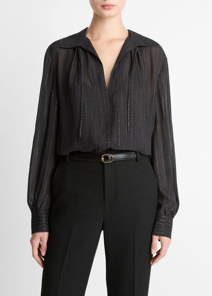 Metallic-Stripe Gathered Blouse in Long Sleeve