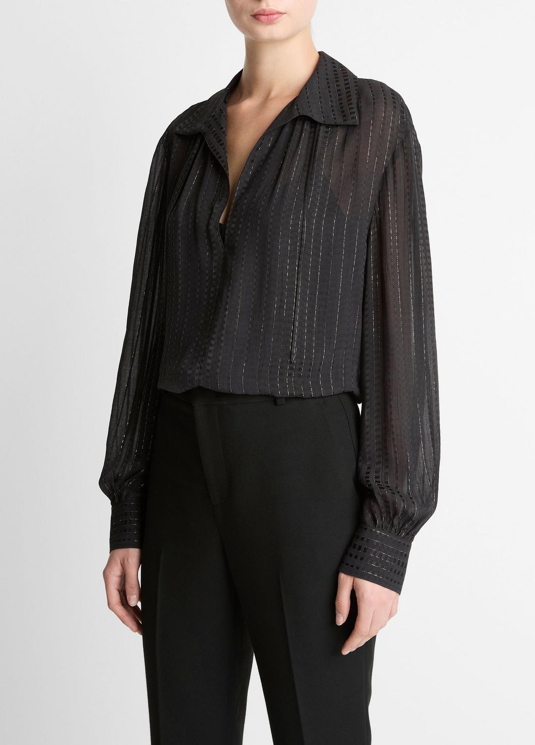 Metallic-Stripe Gathered Blouse in Long Sleeve