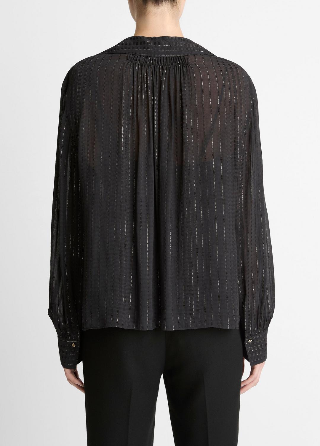 Metallic-Stripe Gathered Blouse in Long Sleeve