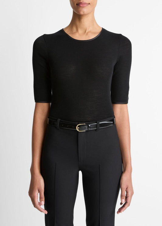 Satin-Trim Wool Elbow-Sleeve T-Shirt in Short Sleeve