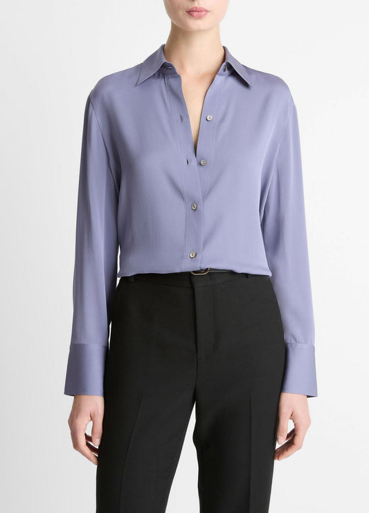Stretch-Silk Button-Front Blouse in Long Sleeve