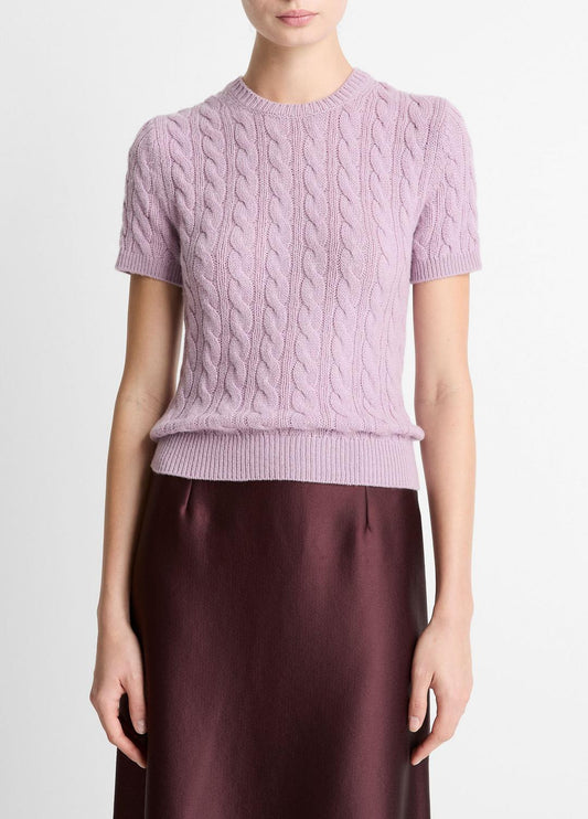 Cable-Knit Wool & Cashmere-Blend Short-Sleeve Sweater in Crew Neck