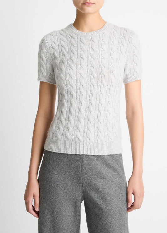 Cable-Knit Wool & Cashmere-Blend Short-Sleeve Sweater in Crew Neck