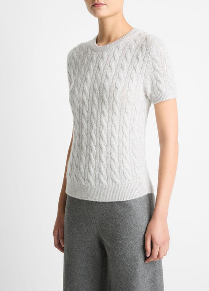 Cable-Knit Wool & Cashmere-Blend Short-Sleeve Sweater in Crew Neck