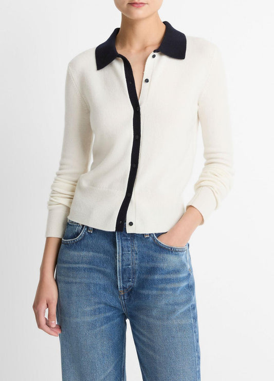 Contrast-Trim Wool & Cashmere-Blend Collared Cardigan in Cardigans
