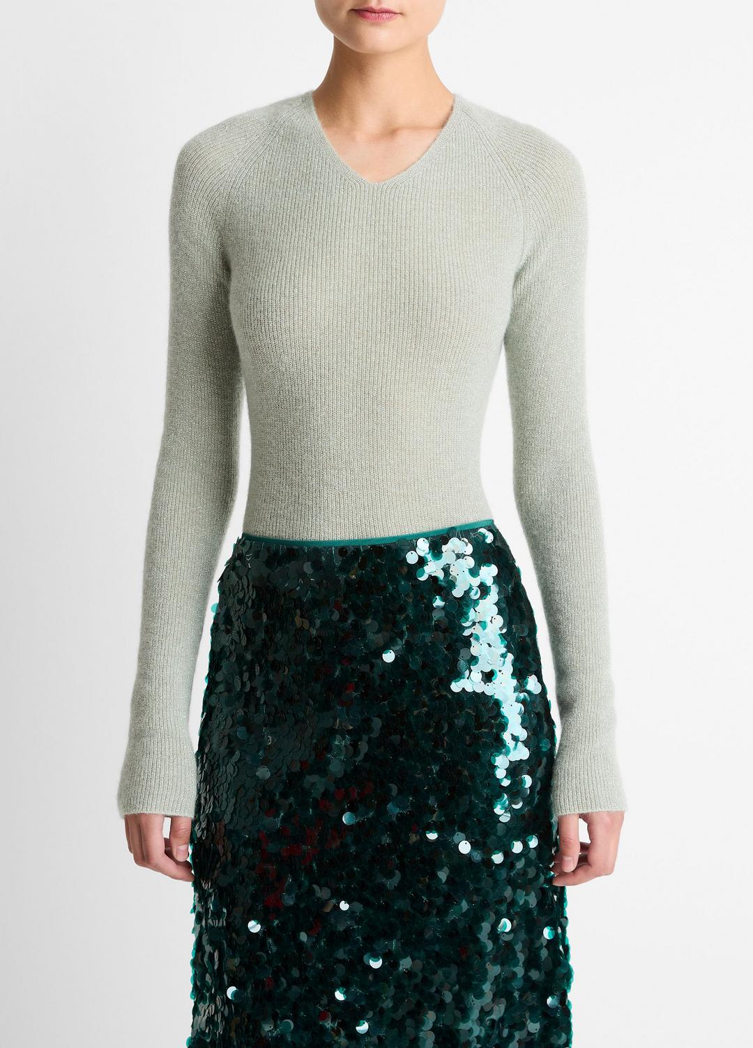 Metallic Ribbed High V-Neck Sweater in V-Neck