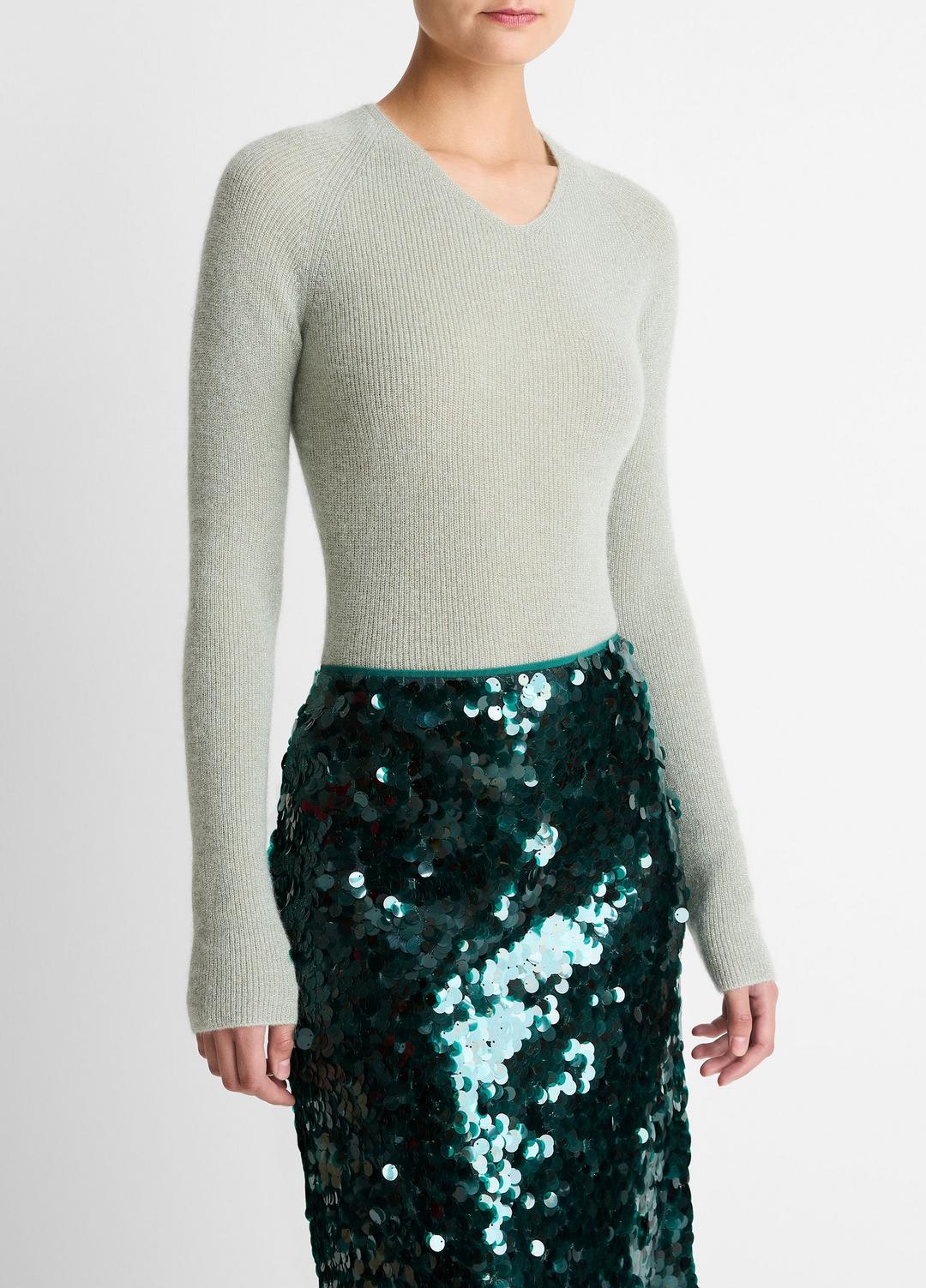 Metallic Ribbed High V-Neck Sweater in V-Neck