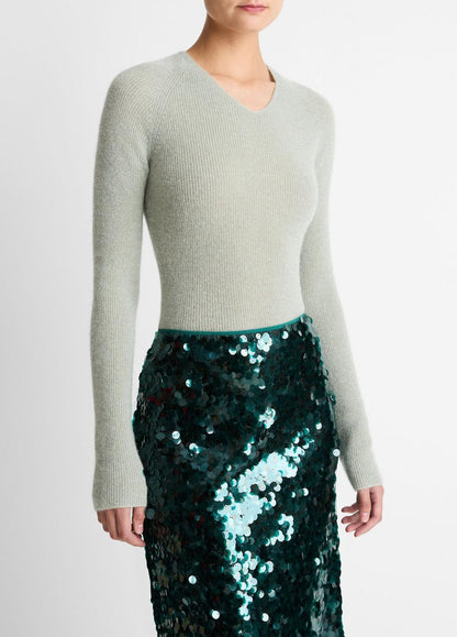 Metallic Ribbed High V-Neck Sweater in V-Neck