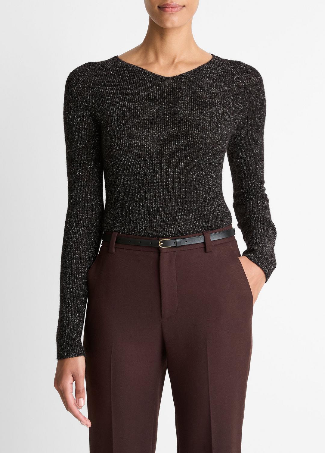 Metallic Ribbed High V-Neck Sweater in V-Neck