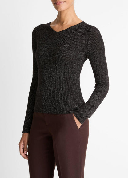 Metallic Ribbed High V-Neck Sweater in V-Neck