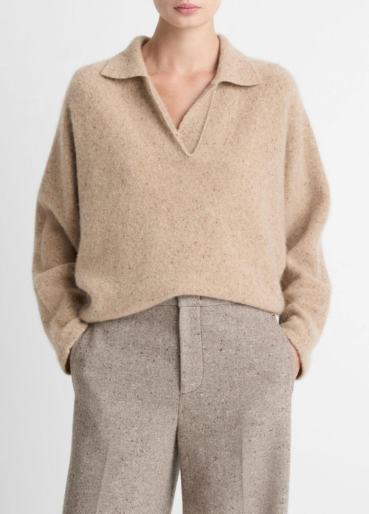 Donegal Plush Cashmere Dolman-Sleeve Polo Sweater in Cashmere