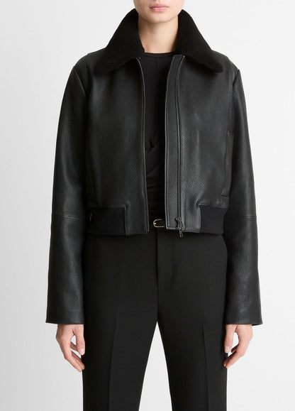 Shearling-Trim Shrunken Leather Jacket in Leather Jackets