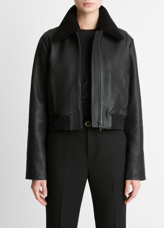 Shearling-Trim Shrunken Leather Jacket in Leather Jackets