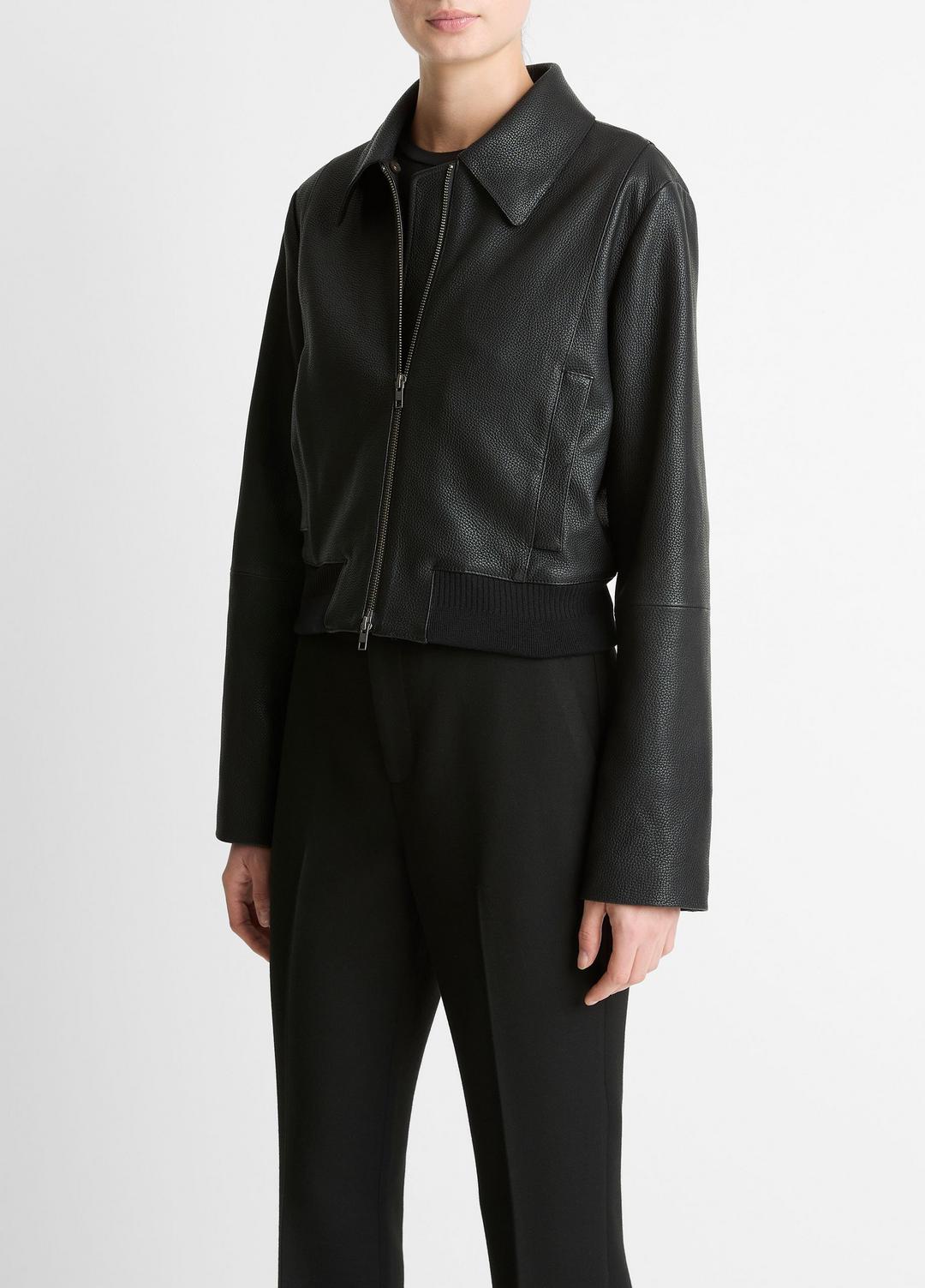 Shearling-Trim Shrunken Leather Jacket in Leather Jackets
