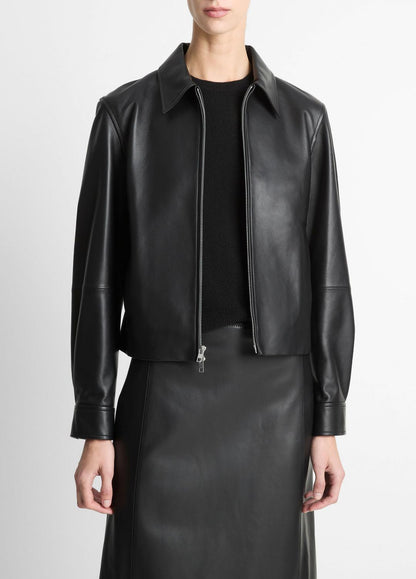 Leather Cropped Zip-Front Jacket in Jackets