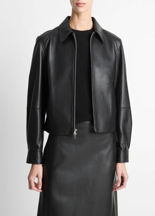 Leather Cropped Zip-Front Jacket in Jackets