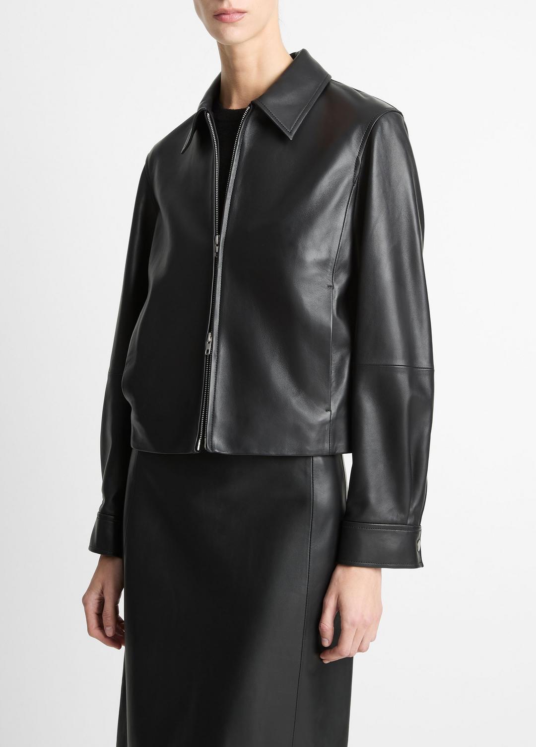 Leather Cropped Zip-Front Jacket in Jackets