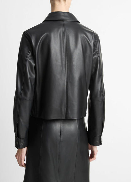 Leather Cropped Zip-Front Jacket in Jackets