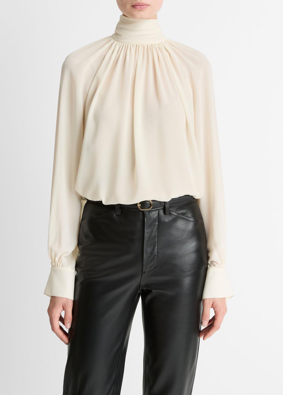 Gathered Draped-Neck Crepe Blouse in Long Sleeve