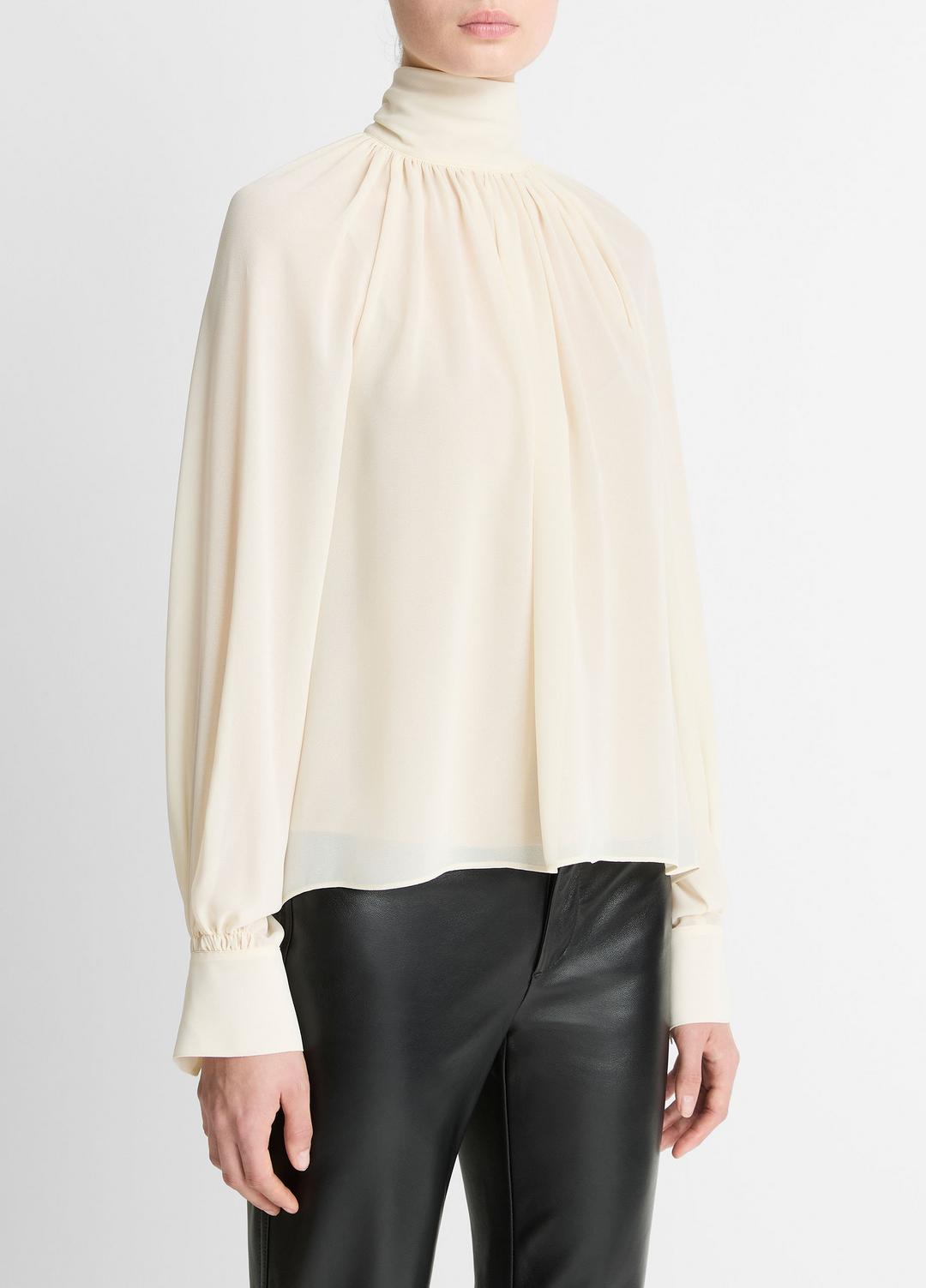 Gathered Draped-Neck Crepe Blouse in Long Sleeve