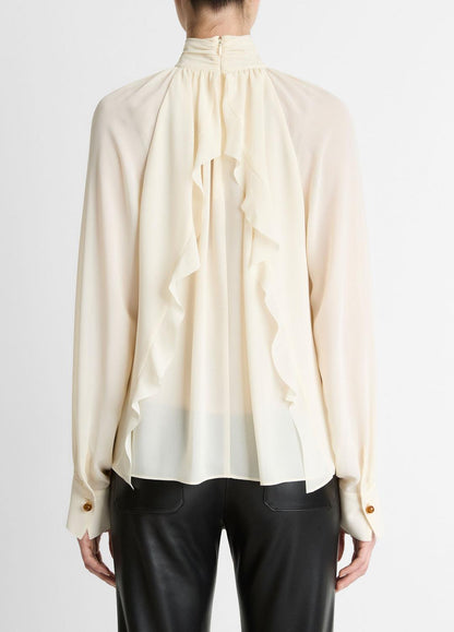 Gathered Draped-Neck Crepe Blouse in Long Sleeve