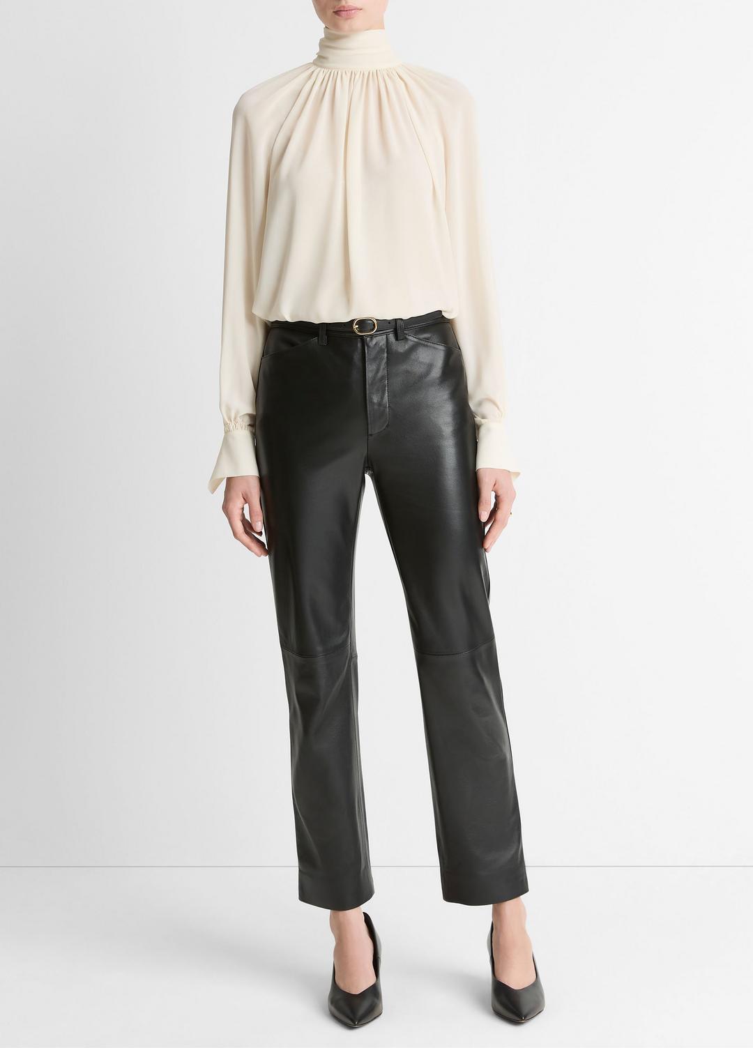 Gathered Draped-Neck Crepe Blouse in Long Sleeve