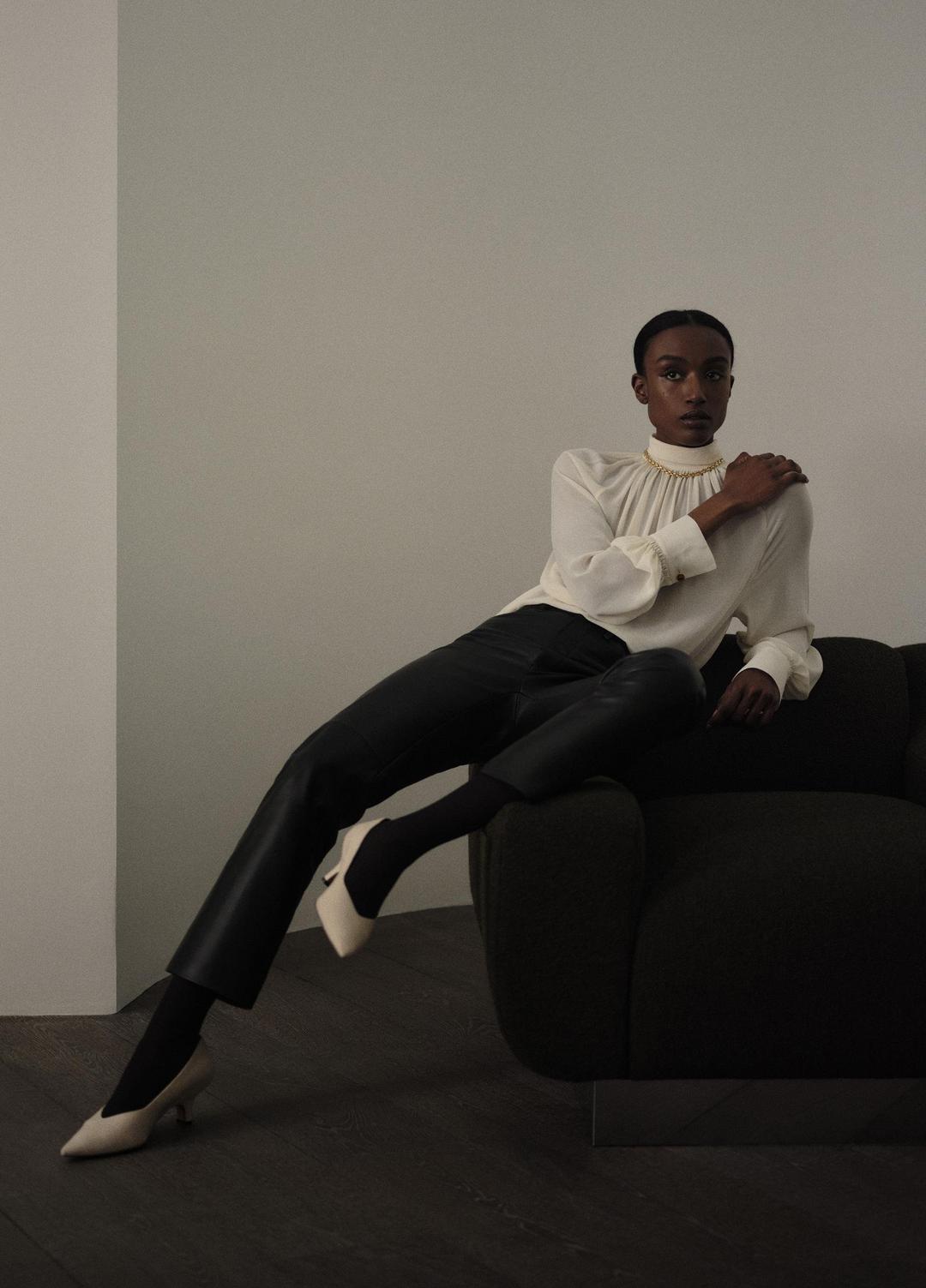 Gathered Draped-Neck Crepe Blouse in Long Sleeve