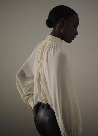 Gathered Draped-Neck Crepe Blouse in Long Sleeve