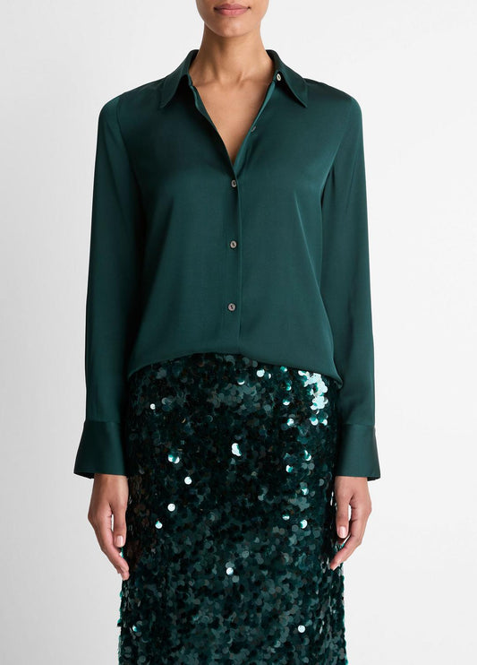 Silk-Blend Slim Button-Front Blouse in Long Sleeve