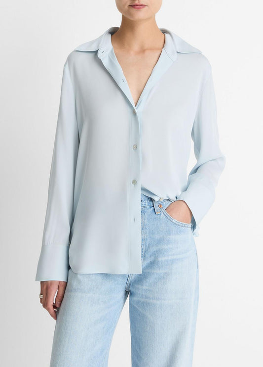 Stretch-Silk Button-Front Blouse in Long Sleeve
