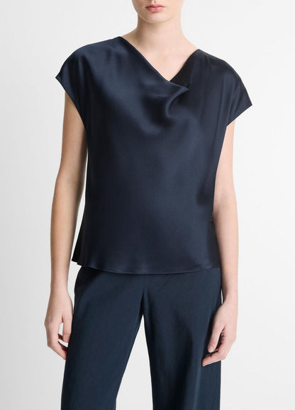 Silk Cowl-Neck Blouse in Short Sleeve